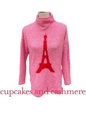 Cupcakes & Cashmere Pink Eiffel Tower Funnel Neck Sweater (S)